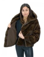 Giacca corta in pelliccia scanbrown di visone orizzontale 44 manica lunga cappuccio tasche esterne