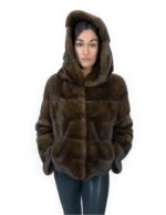 Giacca corta in pelliccia scanbrown di visone orizzontale 46 manica lunga cappuccio tasche esterne