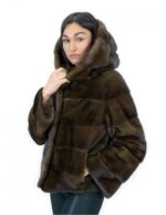 Giacca corta in pelliccia scanbrown di visone orizzontale 46 manica lunga cappuccio tasche esterne