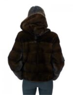 Kurze Jacke aus horizontalem Nerz Mahagoni Fell 42 Ärmel lange Kapuzenaußentaschen – Bild 6