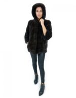 Giacca cappuccio visone orizzontale aurora 44 manica 3/4 chiusura ganci e tasche