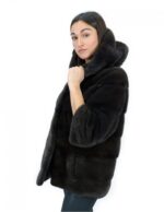 Giacca cappuccio visone orizzontale aurora 44 manica 3/4 chiusura ganci e tasche