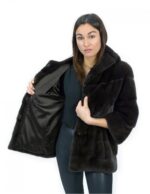 Giacca cappuccio visone orizzontale aurora 44 manica 3/4 chiusura ganci e tasche