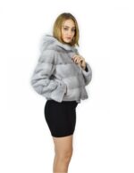 46 Giacca pelliccia visone orizzontale zaffiro cappuccio 58 cm fourrure de vison