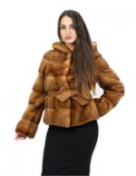 Giacca 50 visone orizzontale cappuccio cintura scamosciata tasche esterne