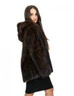 Jacket horizontal fur mahogany hood mink 46 long sleeves external pockets closure hooks - Image 3