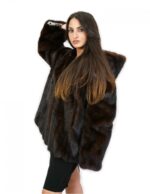 Jacket horizontal fur mahogany hood mink 46 long sleeves external pockets closure hooks - Image 4