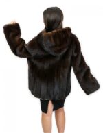 Jacket horizontal fur mahogany hood mink 46 long sleeves external pockets closure hooks - Image 6