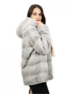 Pelliccia 64 cm di visone orizzontale zaffiro 42 coulisse interna manica lunga cappuccio chiusura ganci