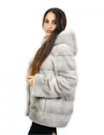 Pelliccia 64 cm di visone orizzontale zaffiro 46 coulisse interna manica lunga cappuccio chiusura ganci