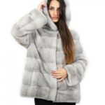 Pelliccia 64 cm di visone orizzontale zaffiro 46 coulisse interna manica lunga cappuccio chiusura ganci