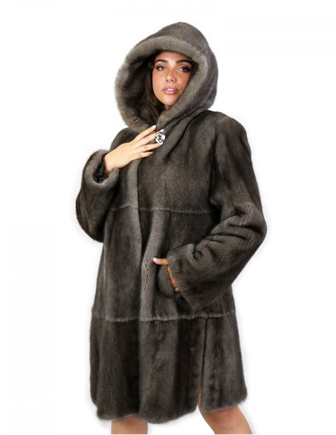 Cappotto orizzontale e pelle intera 48 Blu iris pelliccia visone con cappuccio e maniche lunghe ganci Cappotto orizzontale e pelle intera 48 Blu iris pelliccia visone con cappuccio e maniche lunghe ganci