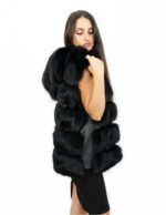 46 Short Black Fox Vest with Leather Lined hood and voluminous with zip and external pockets - Image 3