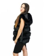 46 Short Black Fox Vest with Leather Lined hood and voluminous with zip and external pockets - Image 4