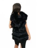 46 Short Black Fox Vest with Leather Lined hood and voluminous with zip and external pockets - Image 6