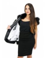 46 Short Black Fox Vest with Leather Lined hood and voluminous with zip and external pockets - Image 7