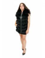 Gilet di volpe nero 48 con cappuccio foderato pelle e voluminoso con zip e tasche esterne