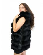 Gilet di volpe nero 48 con cappuccio foderato pelle e voluminoso con zip e tasche esterne