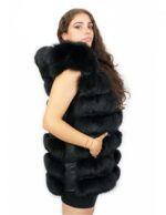 Gilet di volpe nero 48 con cappuccio foderato pelle e voluminoso con zip e tasche esterne