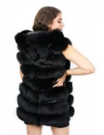 Gilet di volpe nero 48 con cappuccio foderato pelle e voluminoso con zip e tasche esterne