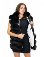 Gilet di volpe nero 48 con cappuccio foderato pelle e voluminoso con zip e tasche esterne