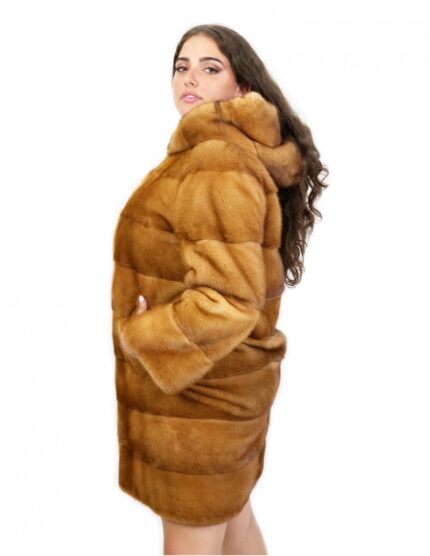 Cappotto 90 cm pelliccia gold scuro visone orizzontale pelli intere cappuccio ganci tasche esterne