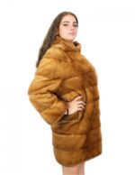 Cappotto 90 cm pelliccia gold scuro visone orizzontale pelli intere cappuccio ganci tasche esterne