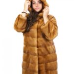 Cappotto 90 cm pelliccia gold scuro visone orizzontale pelli intere cappuccio ganci tasche esterne