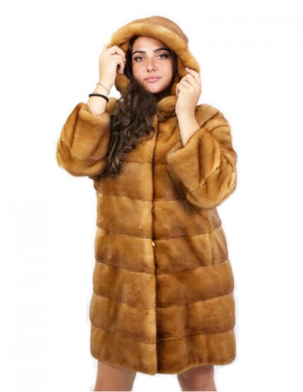 Cappotto 90 cm pelliccia gold scuro visone orizzontale pelli intere cappuccio ganci tasche esterne