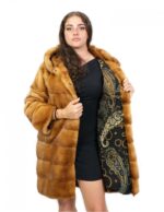 Cappotto 90 cm pelliccia gold scuro visone orizzontale pelli intere cappuccio ganci tasche esterne