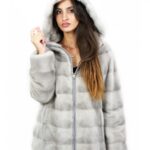 Giacca pelliccia zip visone orizzontale zaffiro 42 cappuccio manica lunga pelle