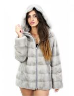 Giacca pelliccia zip visone orizzontale zaffiro 44 cappuccio manica lunga pelle