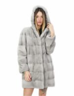 Cappottino in visone orizzontale grigio con cappuccio 52 lungo 84 centimetri con tasche esterne