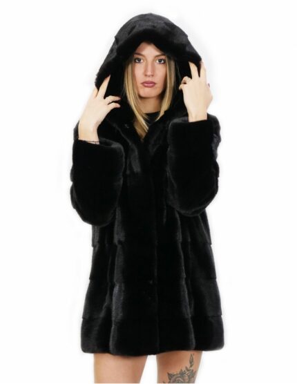 Cappottino nero in visone orizzontale con cappuccio 52 lungo 80 centimetri con coulisse vita