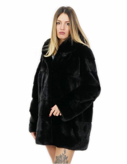 Cappottino nero in visone orizzontale con cappuccio 52 lungo 80 centimetri con coulisse vita