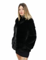 Cappottino nero in visone orizzontale con cappuccio 42 lungo 70 centimetri con tasche esterne