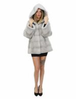 Cappottino 48 lungo 76 centimetri zaffiro in visone orizzontale con cappuccio con tasche esterne