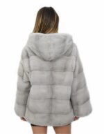 Cappottino 48 lungo 76 centimetri zaffiro in visone orizzontale con cappuccio con tasche esterne