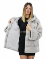Cappottino 48 lungo 76 centimetri zaffiro in visone orizzontale con cappuccio con tasche esterne