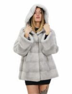 Cappottino 54 lungo 76 centimetri zaffiro in visone orizzontale con cappuccio con tasche esterne