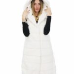 Gilet 94 cm bianco ottico visone orizzontale e rex 54 pelliccia cappuccio coulisse