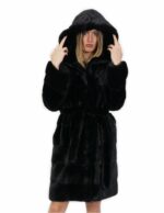 Cintura pelliccia visone nero 42 cappotto lungo 100 centimetri con cappuccio tasche esterne