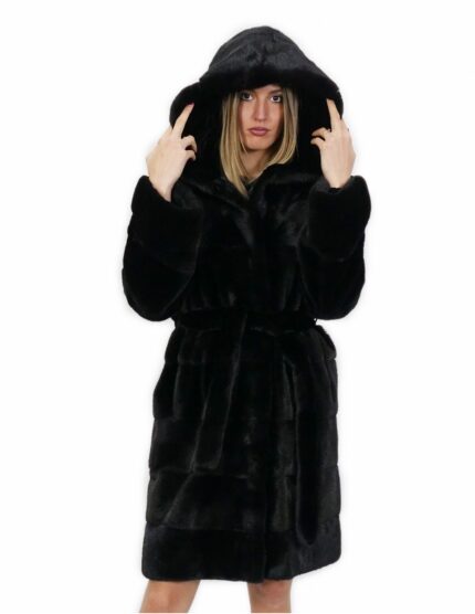 Cintura pelliccia visone nero 42 cappotto lungo 100 centimetri con cappuccio tasche esterne