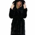 Cintura pelliccia visone nero 46 cappotto lungo 100 centimetri con cappuccio tasche esterne