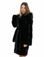Cintura pelliccia visone nero 46 cappotto lungo 100 centimetri con cappuccio tasche esterne