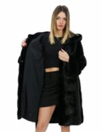 Cintura pelliccia visone nero 46 cappotto lungo 100 centimetri con cappuccio tasche esterne