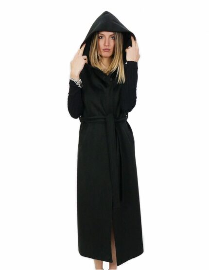 Smanicato nero lungo in cashmere 46 con cintura chiusura ganci e tasche esterne