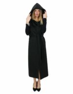 Smanicato nero lungo in cashmere 50 con cintura chiusura ganci e tasche esterne