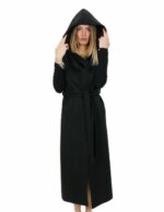 Smanicato nero lungo in cashmere 50 con cintura chiusura ganci e tasche esterne