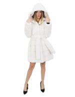 Cappotto pelliccia 56 visone bianco con cappuccio 91 centimetri orizzontale tasche esterne